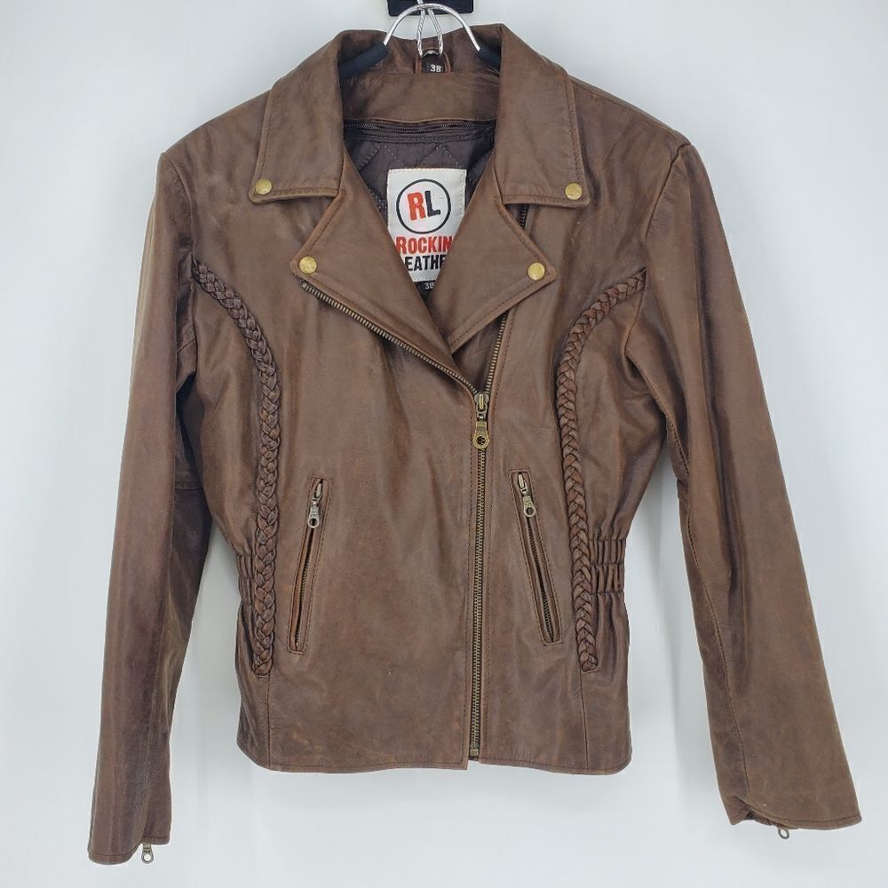 Rocking Leather Motto Style Brown Jacket With Removable Quilted Liner Size 38